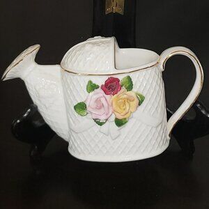 Vintage Small White Ceramic Watering Can w/Decorative Flowers